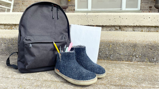 Back to school essentials including a backpack and Betterfelt Classic Boot in Navy with a Rubber Sole