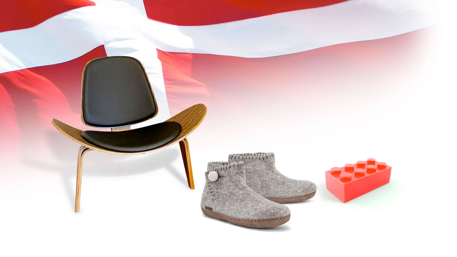 A Collage Containing The Flag Of Denmark, The Hans Wenger Shell Chair, A Brick Of Lego, And A Pair Of Grey Betterfelt Daisy Slippers With Leather Soles