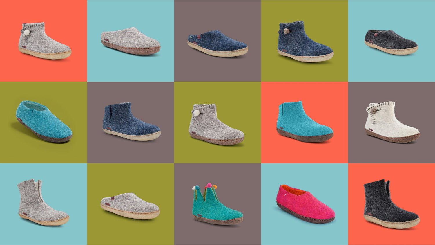 Mosaic of various Betterfelt felt wool slippers, shoes and boots.